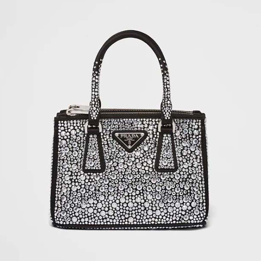 Front view of Prada Women Galleria Satin Mini-Bag with Crystals-Black showcasing crystal clasp