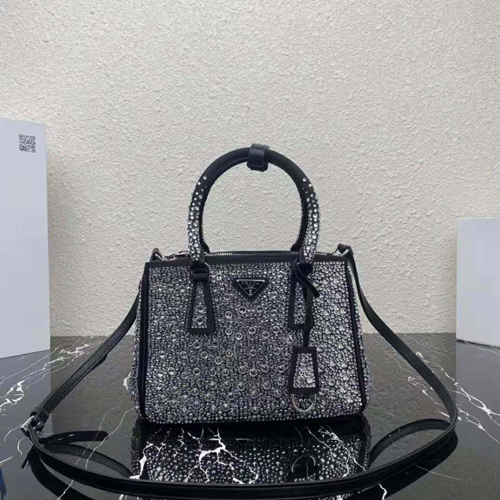 Close-up detail of crystal hardware on Prada Women Galleria Satin Mini-Bag with Crystals-Black