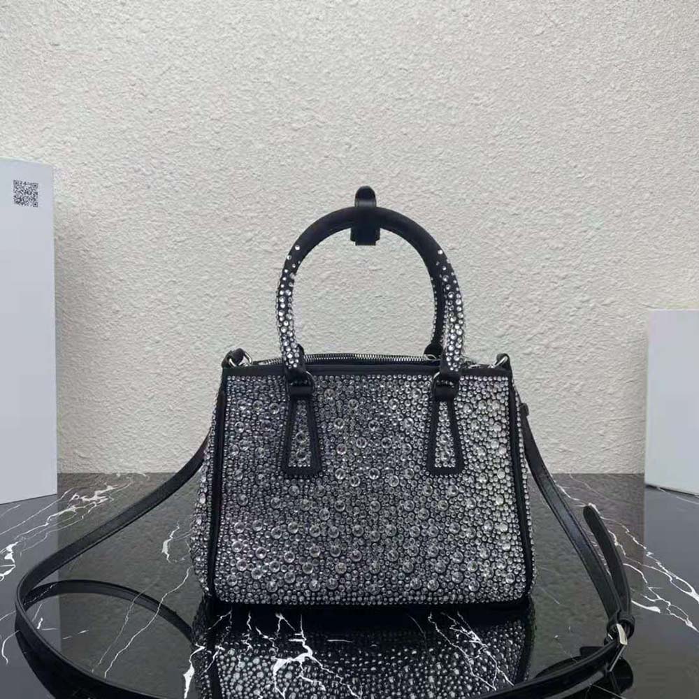 Side angle of Prada Women Galleria Satin Mini-Bag with Crystals-Black emphasizing structured silhouette
