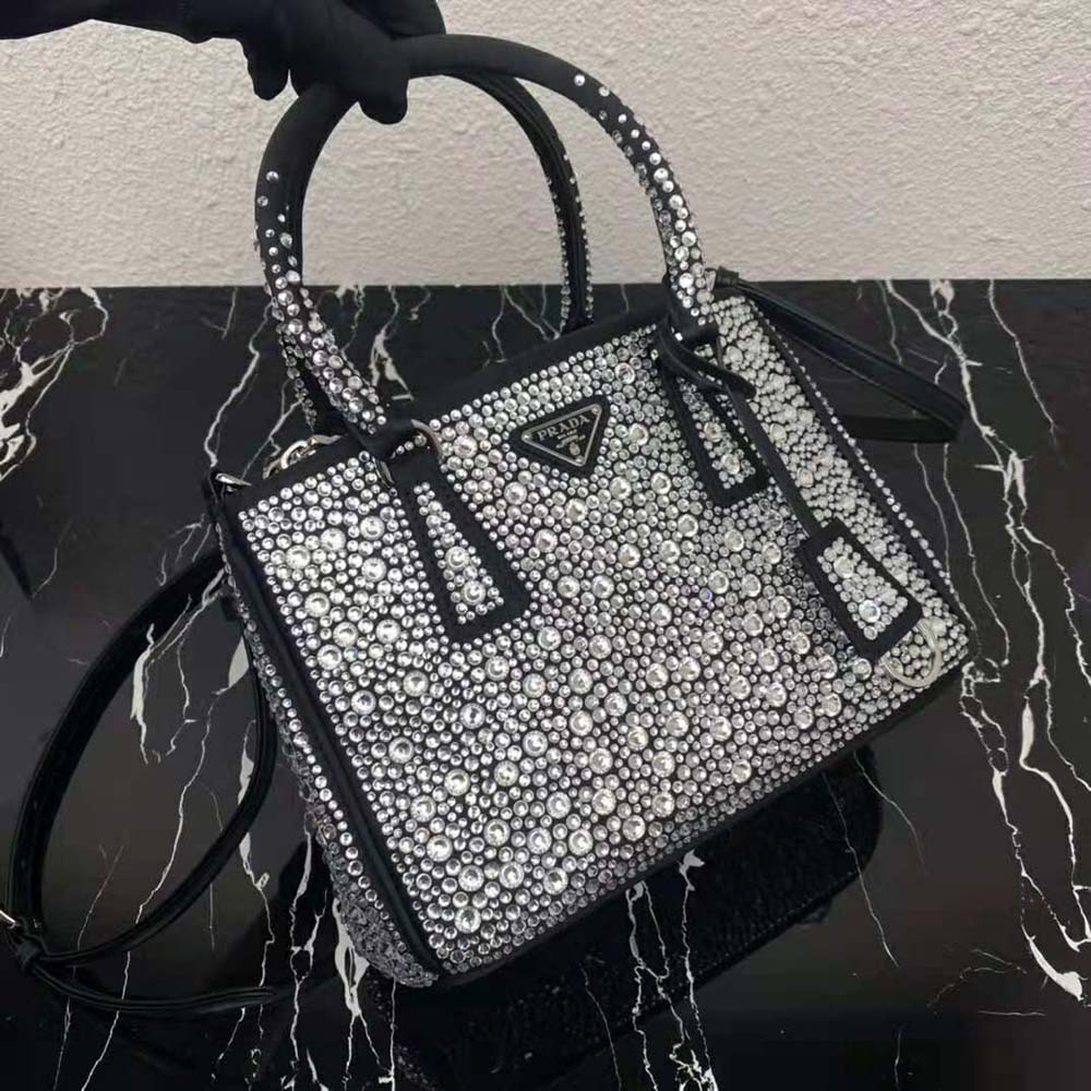 Prada Women Galleria Satin Mini-Bag with Crystals-Black - image 5