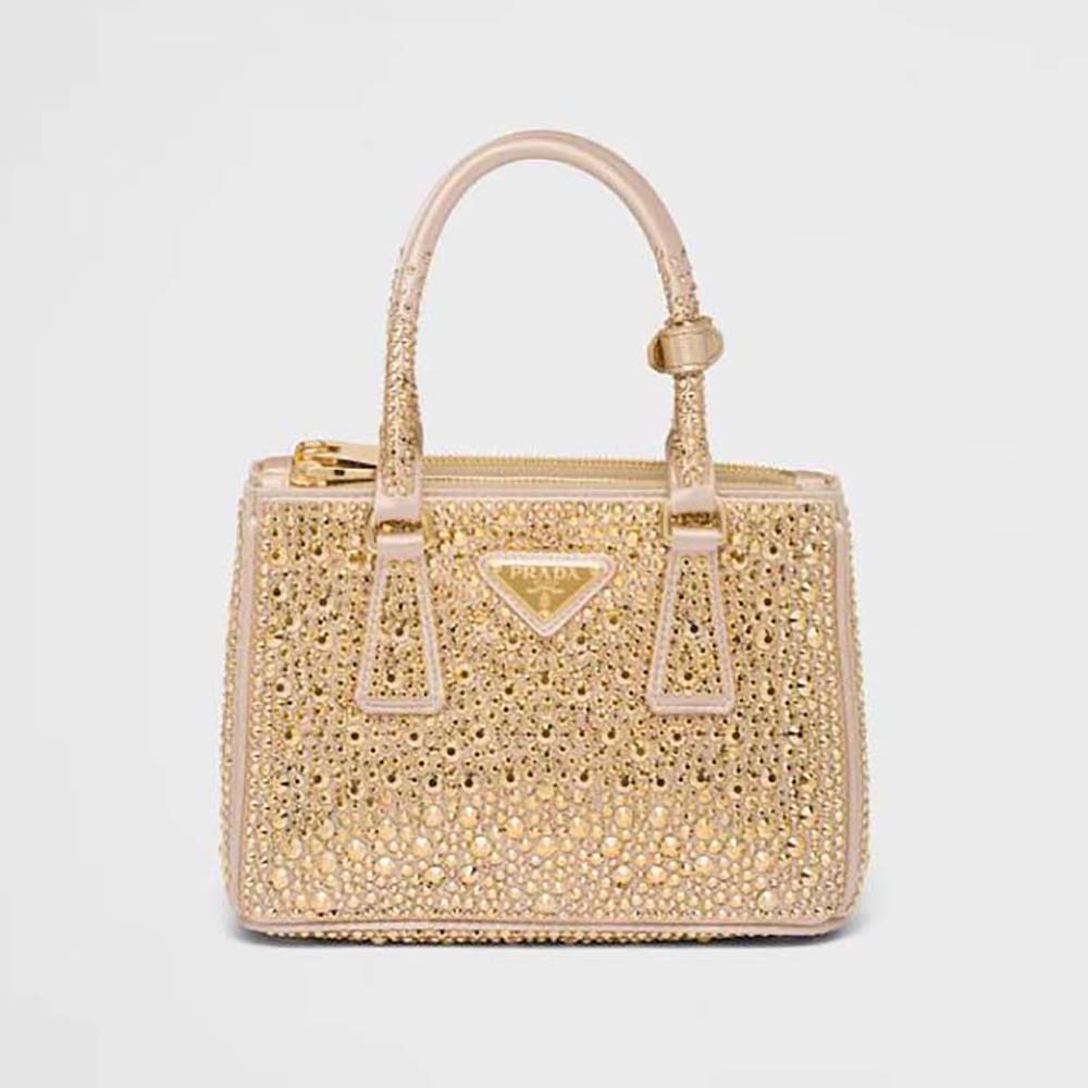 Front view of Prada Women Galleria Satin Mini-Bag with Crystals-Gold