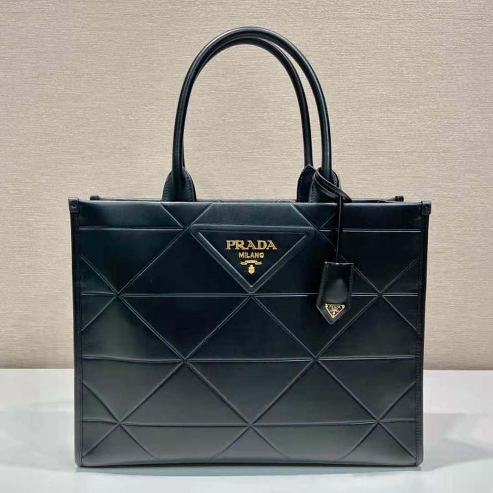 Close-up of silver hardware on Prada Women Large Leather Handbag-Black