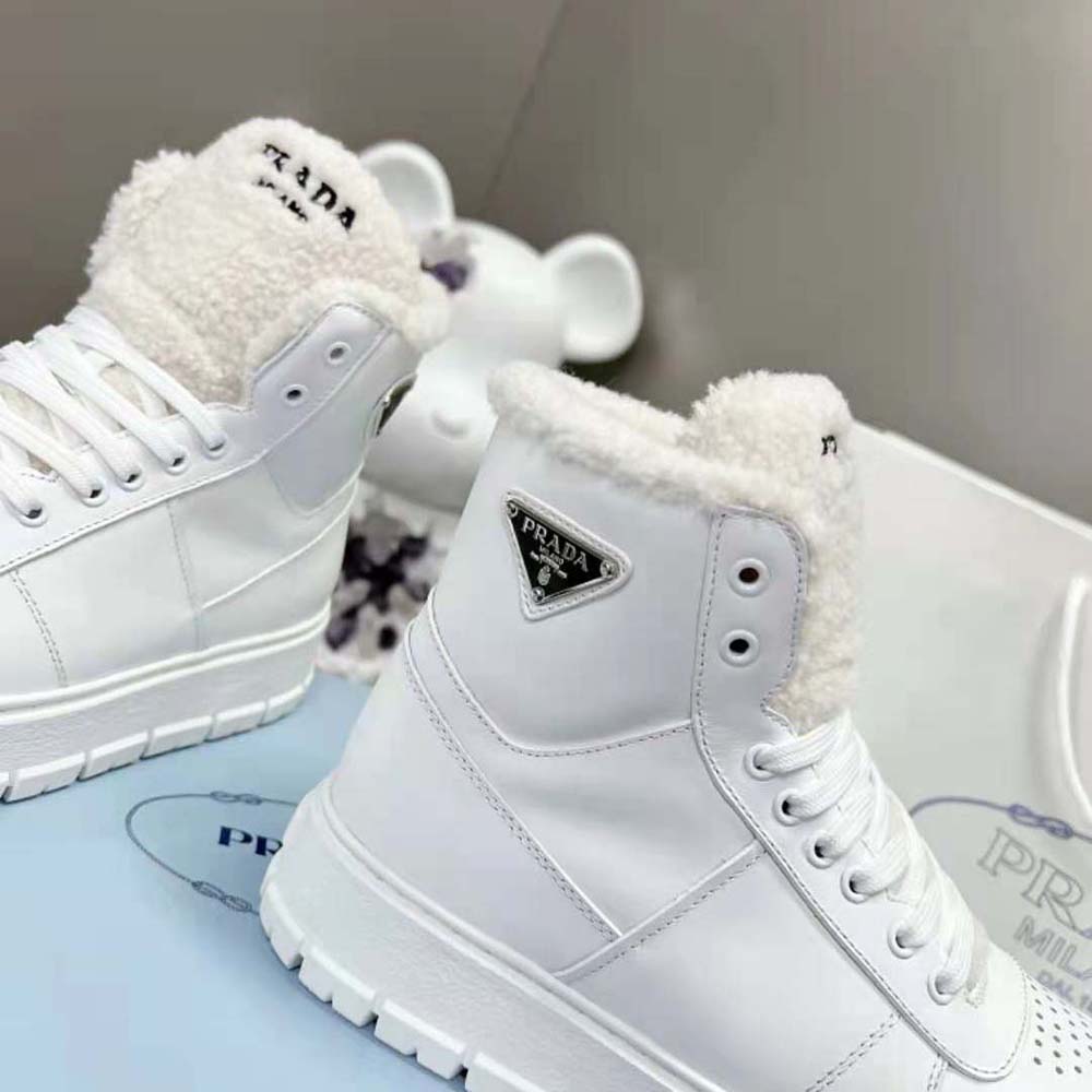 Prada Women Leather and Shearling High-Top Sneakers-White - image 8