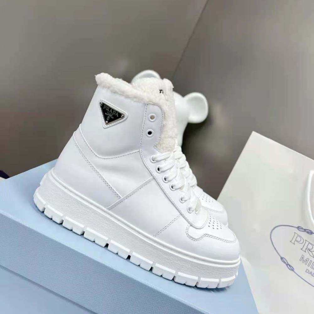 Prada Women Leather and Shearling High-Top Sneakers-White - image 6
