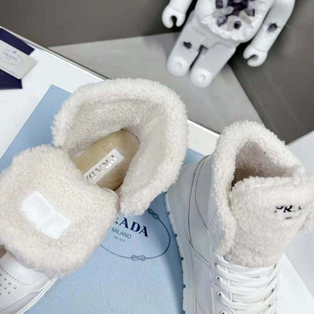 Prada Women Leather and Shearling High-Top Sneakers-White - image 10