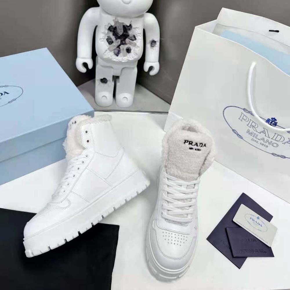 Prada Women Leather and Shearling High-Top Sneakers-White - image 4