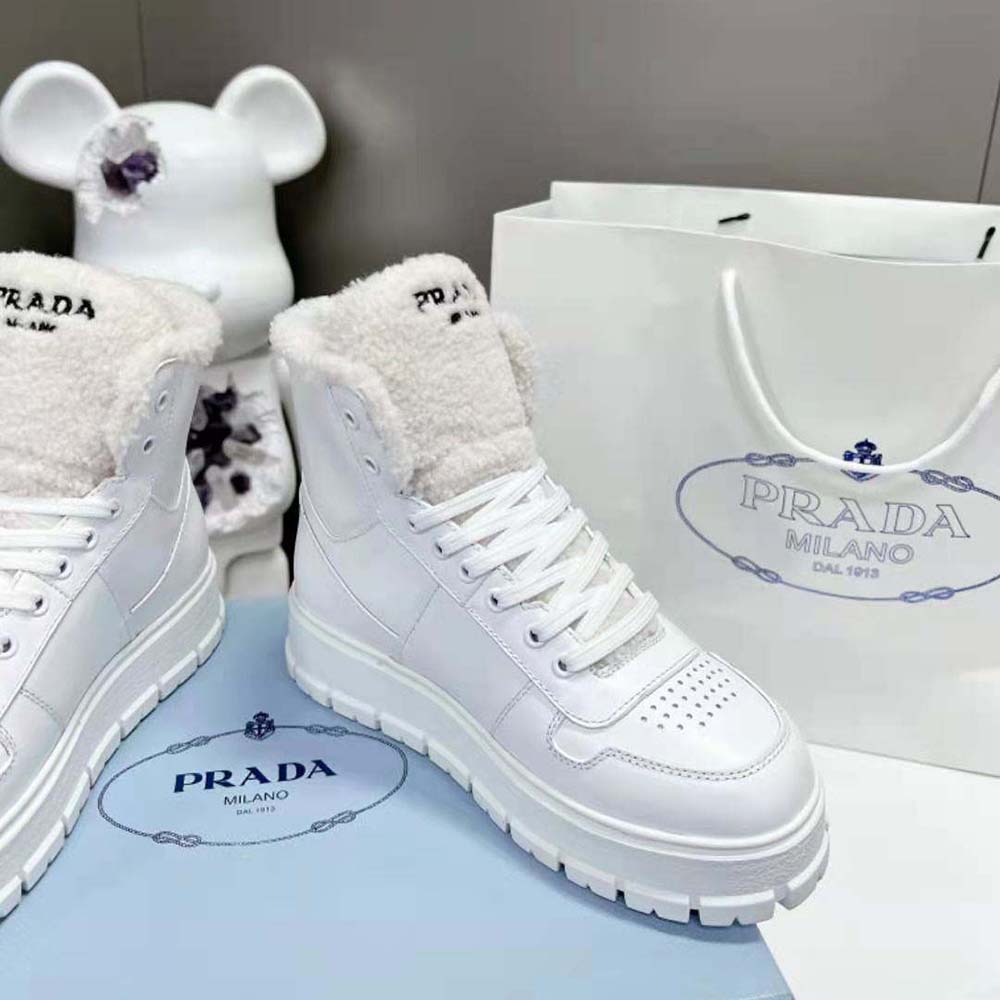 Prada Women Leather and Shearling High-Top Sneakers-White - image 5