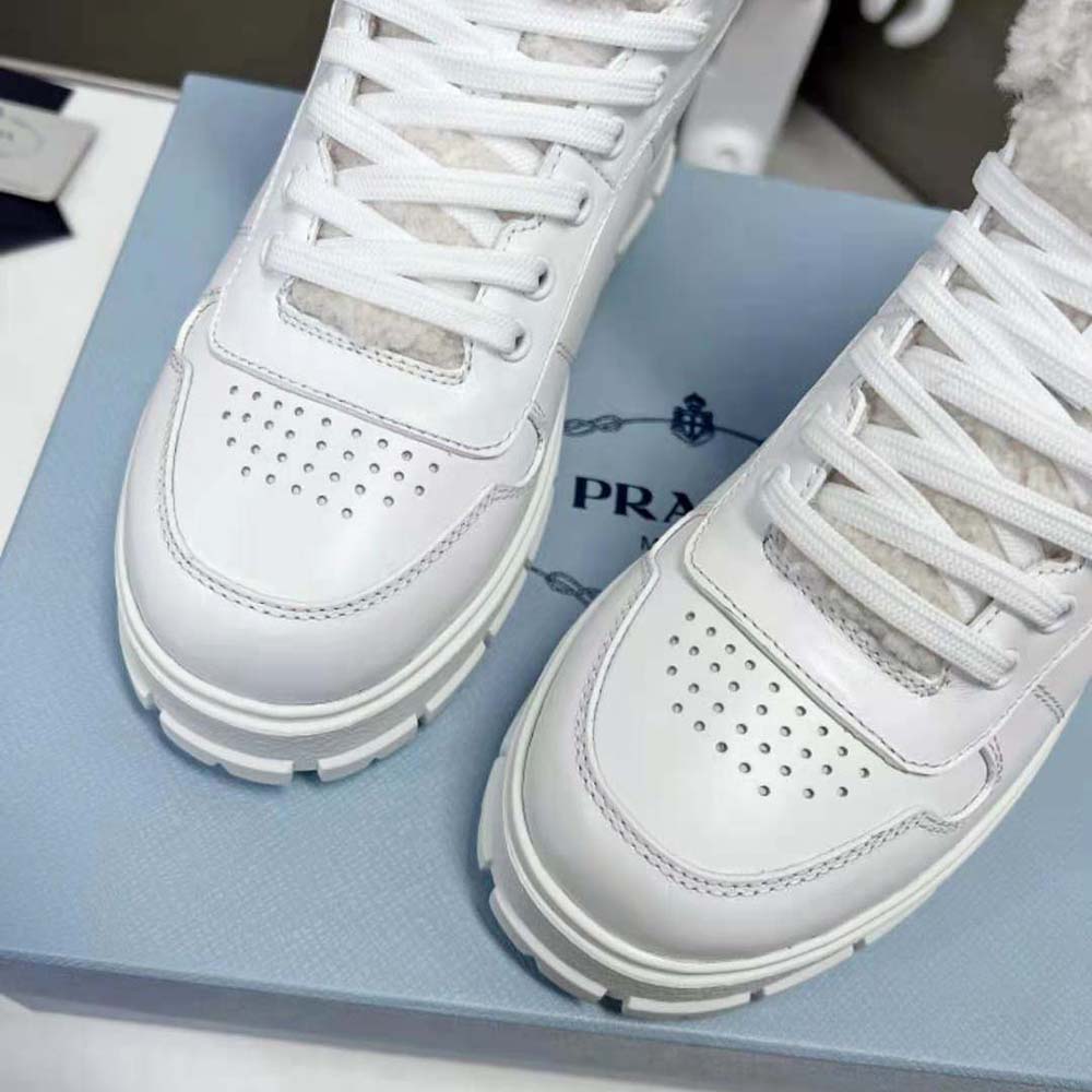 Prada Women Leather and Shearling High-Top Sneakers-White - image 7