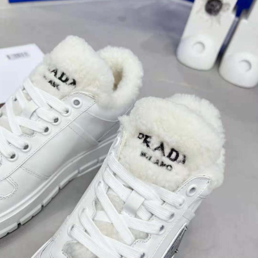 Prada Women Leather and Shearling Sneakers-White - image 9