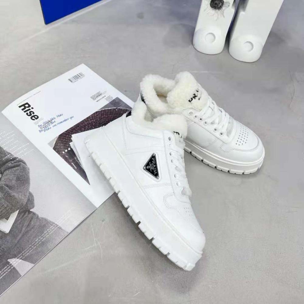 Prada Women Leather and Shearling Sneakers-White - image 4