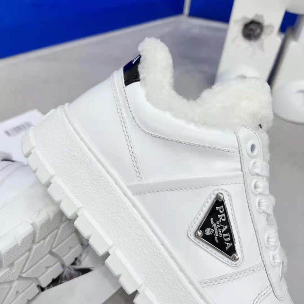 Prada Women Leather and Shearling Sneakers-White - image 8