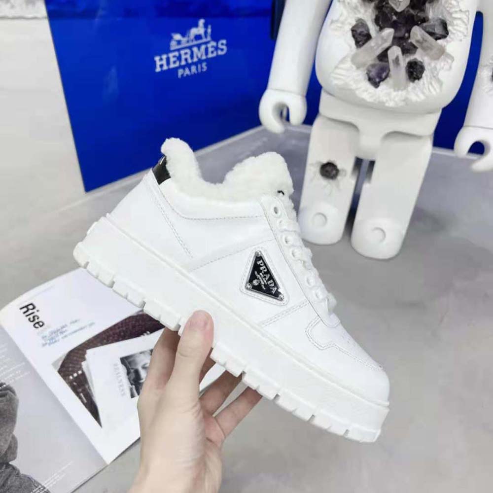Prada Women Leather and Shearling Sneakers-White - image 6