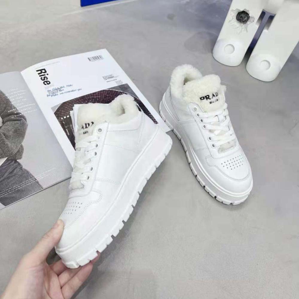 Prada Women Leather and Shearling Sneakers-White - image 5