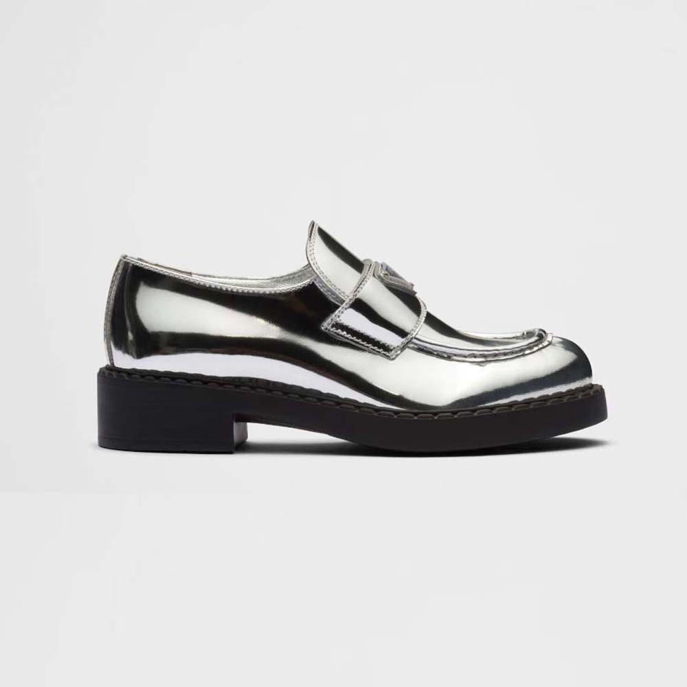 Side profile of Prada Women Metallic Leather Loafers-Silver showing silhouette