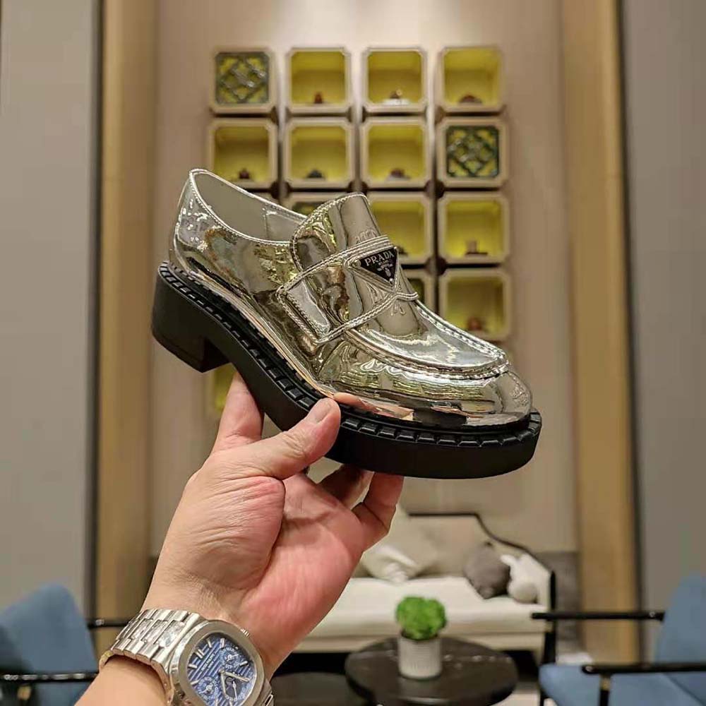 Prada Women Metallic Leather Loafers-Silver - image 9