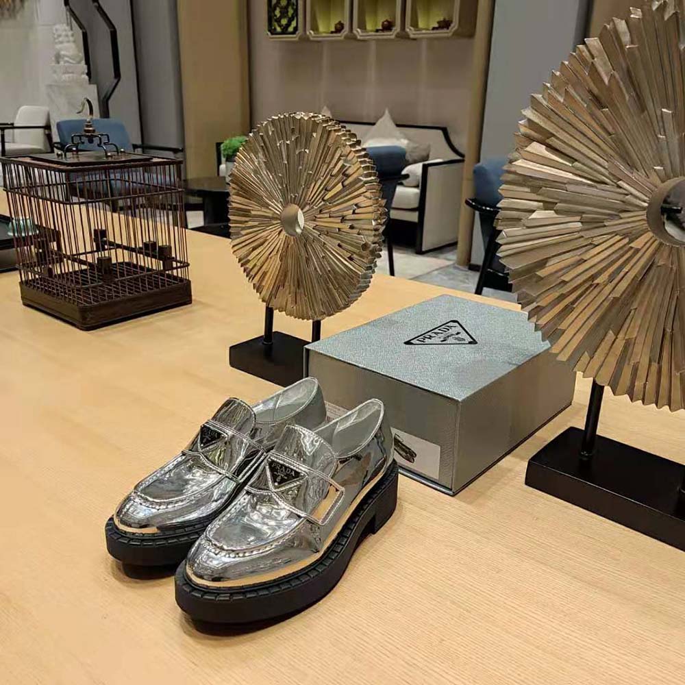 Prada Women Metallic Leather Loafers-Silver - image 4