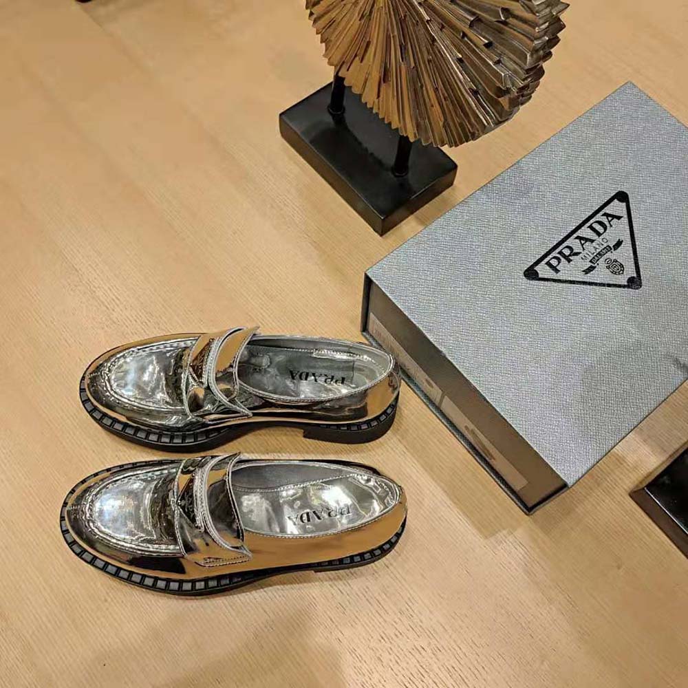 Prada Women Metallic Leather Loafers-Silver - image 7