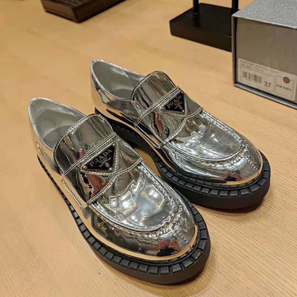 Prada Women Metallic Leather Loafers-Silver - image 5
