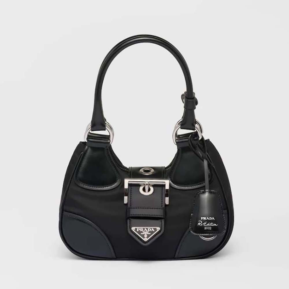 Front view of Prada Women Moon Re-Nylon and Leather Bag-Black with zip closure