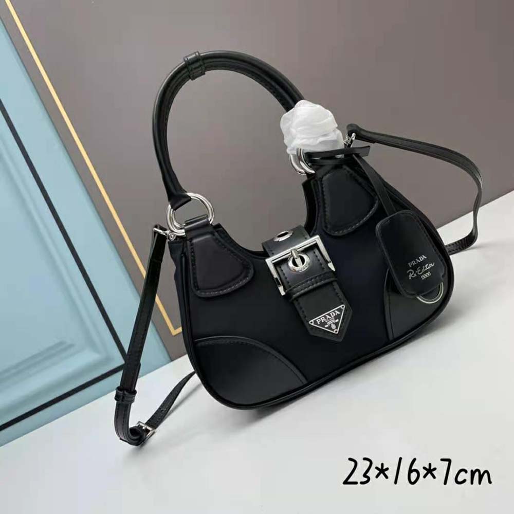 Close-up of silver hardware and Prada logo on Moon Re-Nylon and Leather Bag