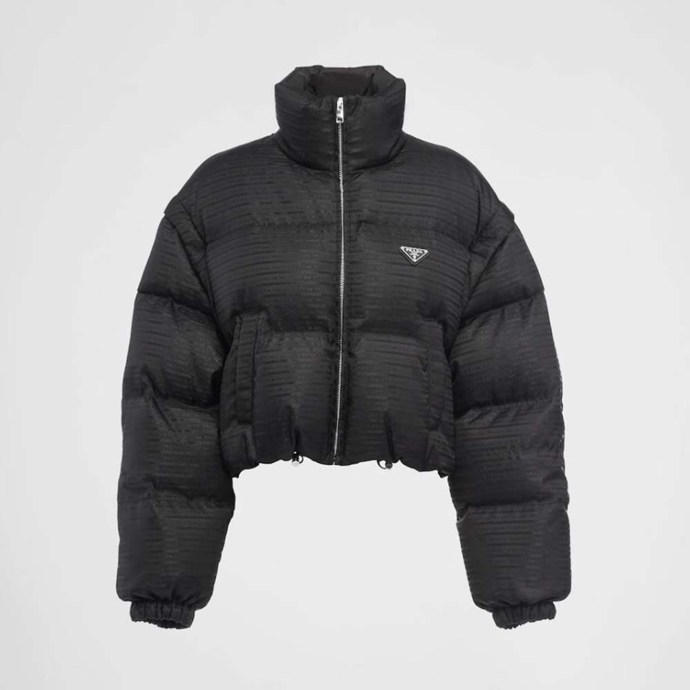 Front view of Prada Women Re-Nylon Cropped Hooded Down Jacket-Black