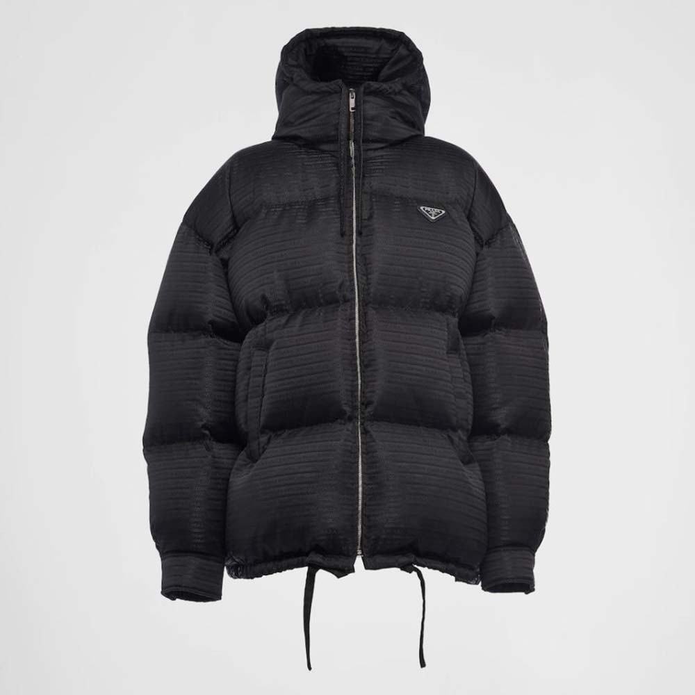 Front view of Prada Women Re-Nylon Hooded Down Jacket-Black zipped up