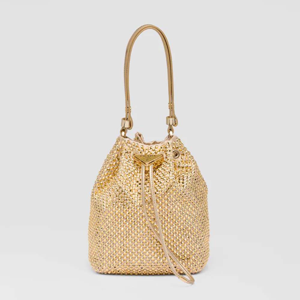 Front view of Prada Women Satin Mini-Bag with Crystals-Gold showing crystal details