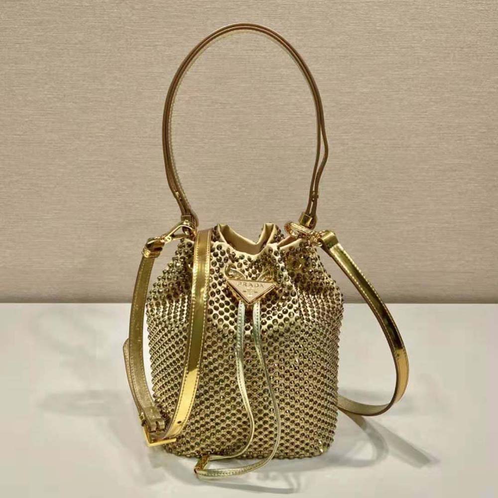 Close-up on gold-tone hardware and satin texture of Prada Women Satin Mini-Bag