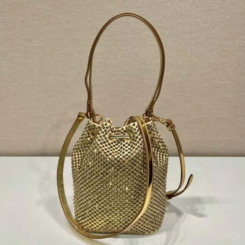 Side angle of Prada Women Satin Mini-Bag with Crystals-Gold highlighting compact silhouette