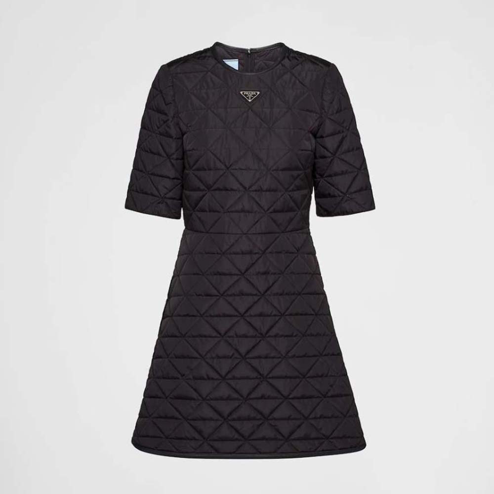 Front view of Prada Women Short-Sleeved Re-Nylon Dress-Black on mannequin