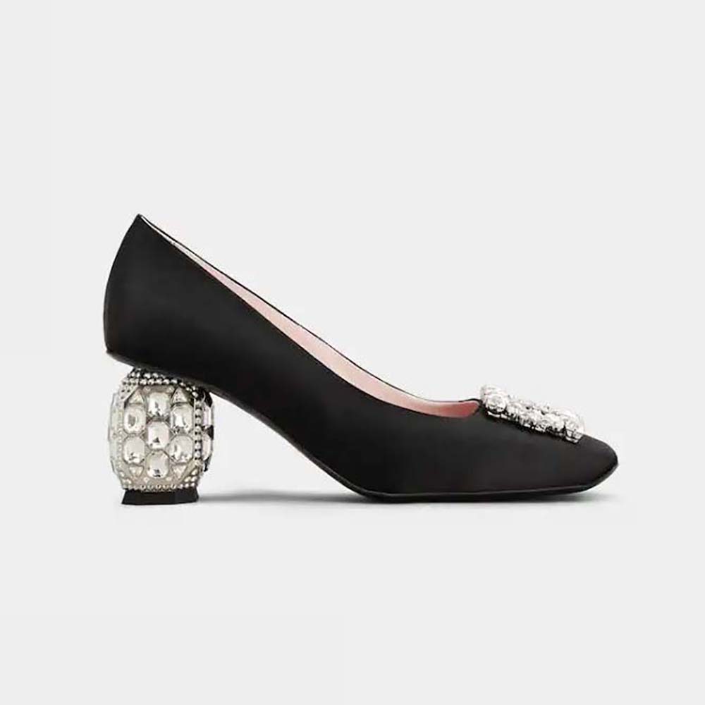 Side view of Roger Vivier Women Jewel Heel Rhinestone Buckle Pumps in Satin