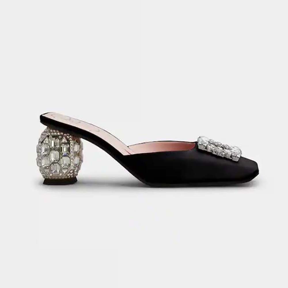 Side profile of Roger Vivier Women Mules Rhinestone Buckle in Satin black