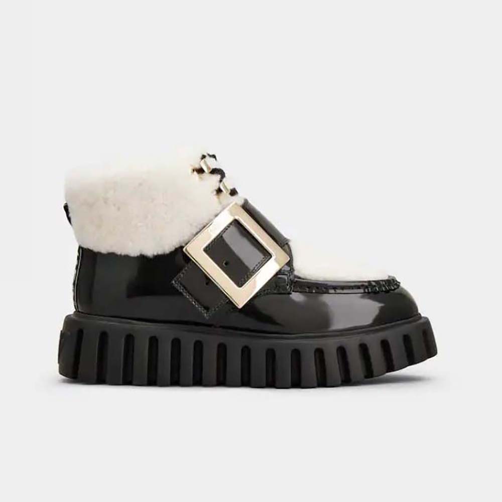 Front angle of Roger Vivier Women Viv’ Go-Thick Metal Buckle Fur Ankle Boots in patent leather