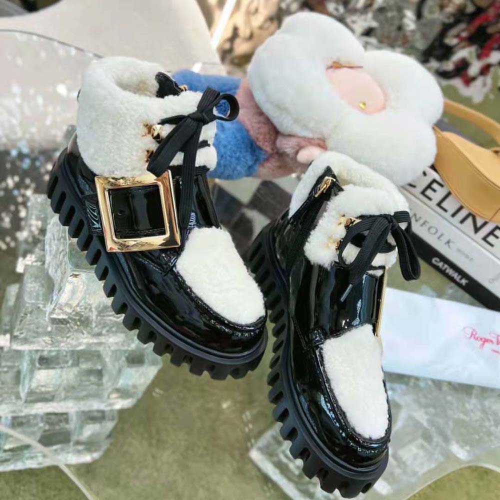 Roger Vivier Women Viv’ Go-Thick Metal Buckle Fur Ankle Boots in Patent Leather - image 5