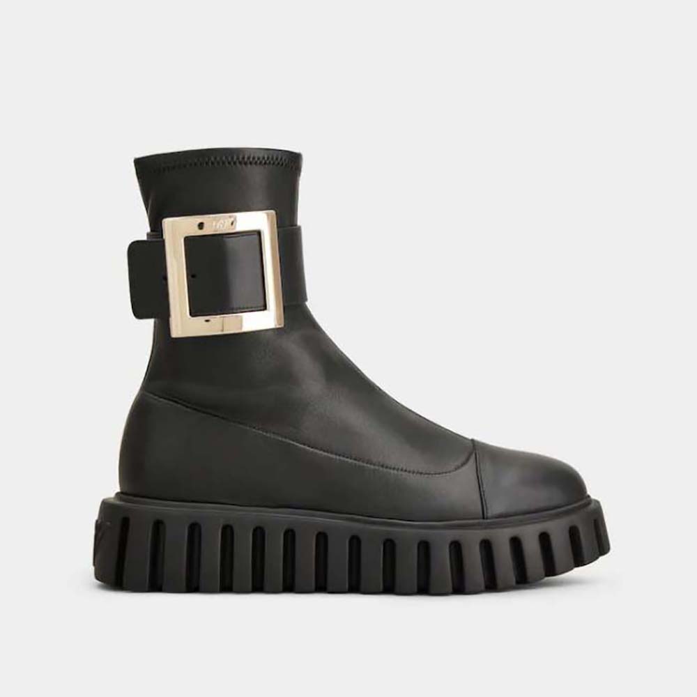 Side view of Roger Vivier Women Viv’ Go-Thick Metal Buckle Stretch Ankle Boots