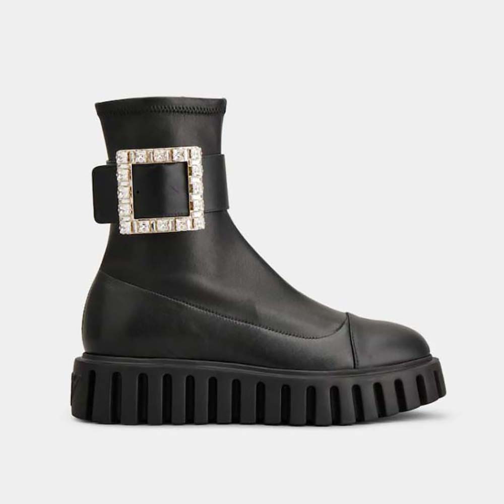 Side profile of Roger Vivier Women Viv’ Go-Thick Rhinestone Buckle Stretch Ankle Boots in black