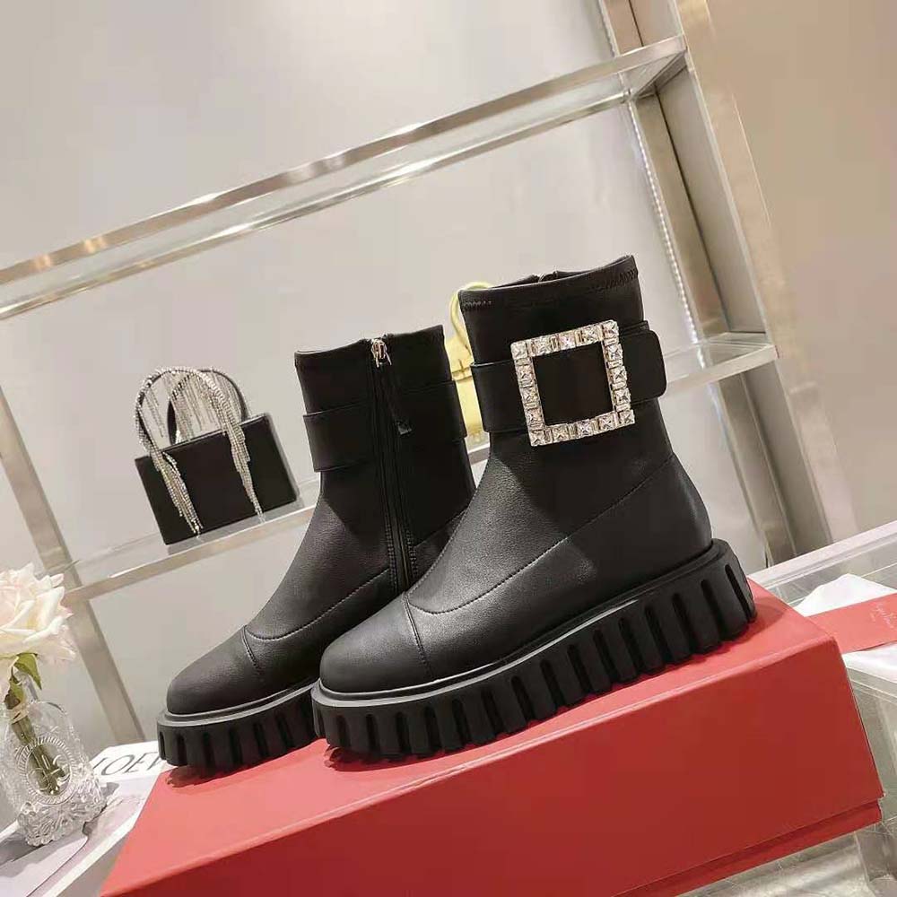 Top view showing soft leather and stretch fit of Roger Vivier Women Viv’ Go-Thick Boots