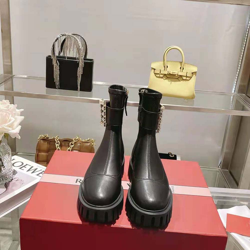 Roger Vivier Women Viv’ Go-Thick Rhinestone Buckle Stretch Ankle Boots in Soft Leather - image 6