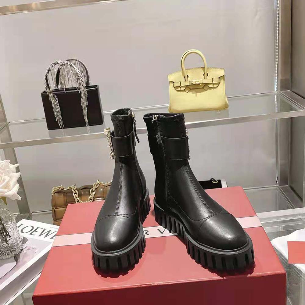 Roger Vivier Women Viv’ Go-Thick Rhinestone Buckle Stretch Ankle Boots in Soft Leather - image 5