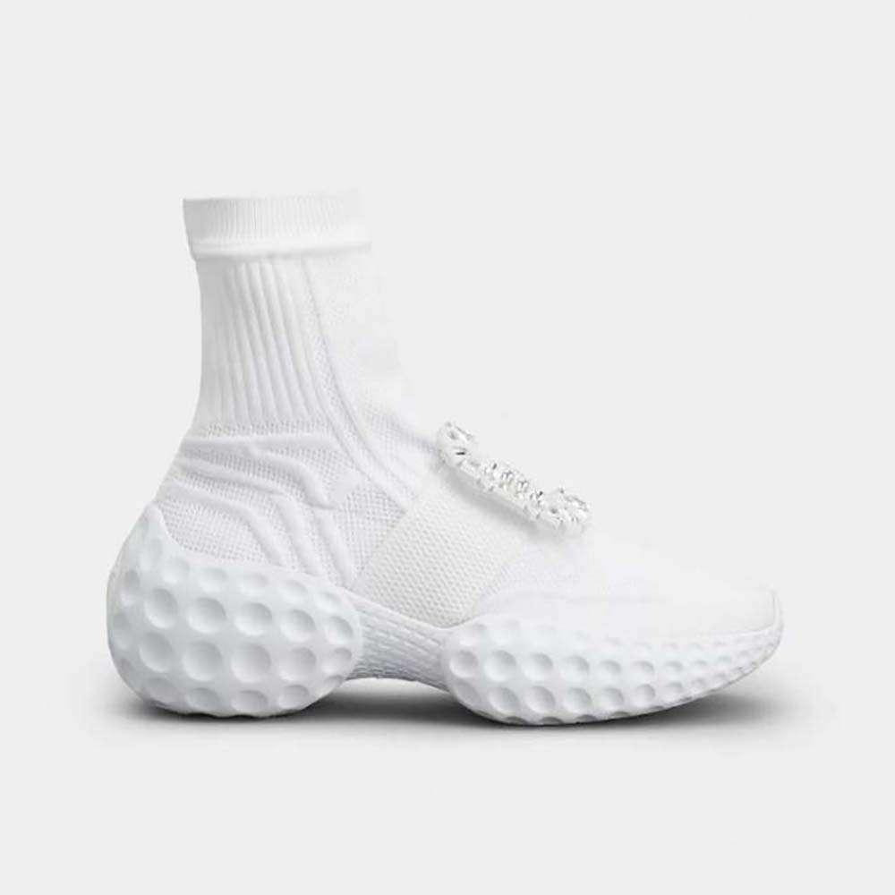 Side view of Roger Vivier Women Viv’ Run Light Socks Strass Buckle Ankle Boots in white fabric