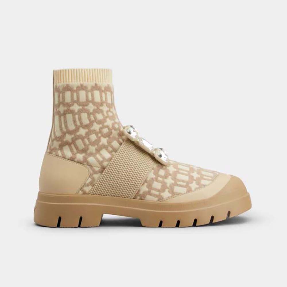 Side view of Roger Vivier Walky Viv’ Rhinestone Buckle Socks Ankle Boots beige fabric