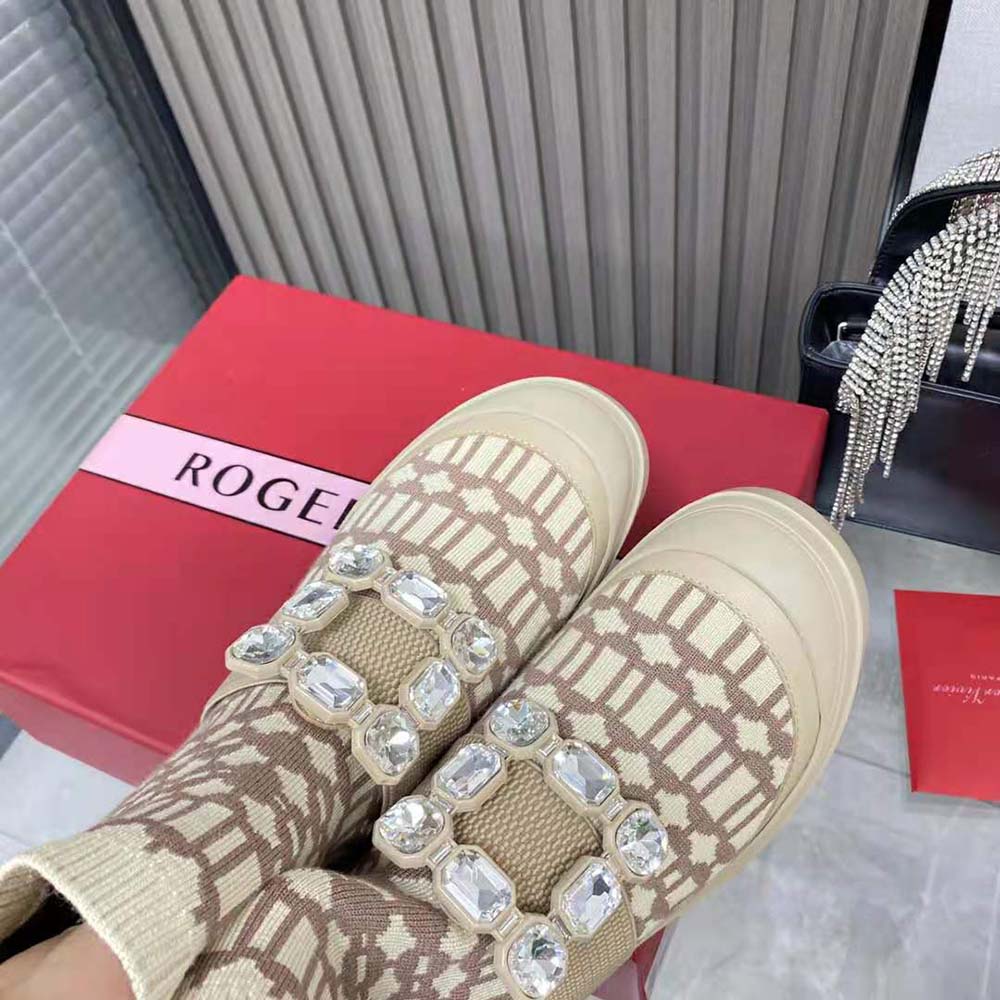 Roger Vivier Women Walky Viv’ Rhinestone Buckle Socks Ankle Boots in Fabric-Beige - image 9