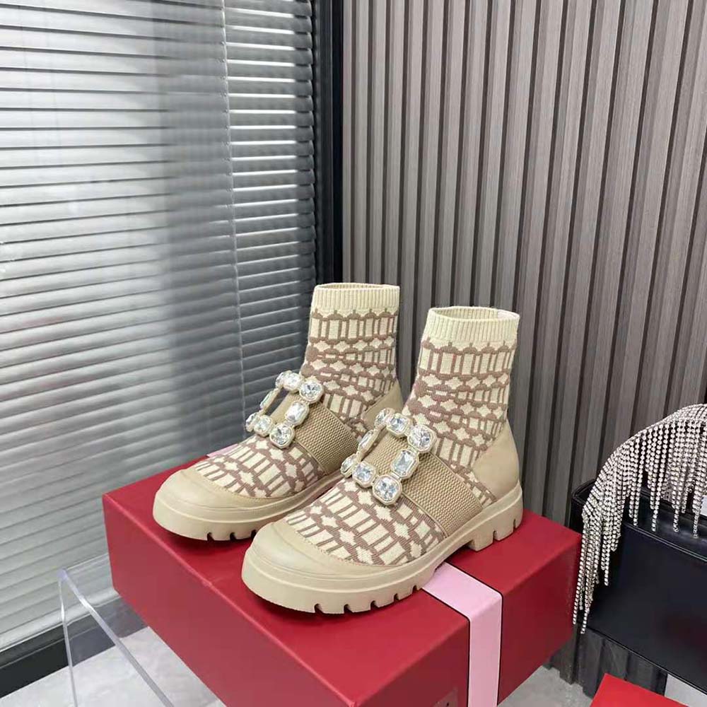 Roger Vivier Women Walky Viv’ Rhinestone Buckle Socks Ankle Boots in Fabric-Beige - image 4
