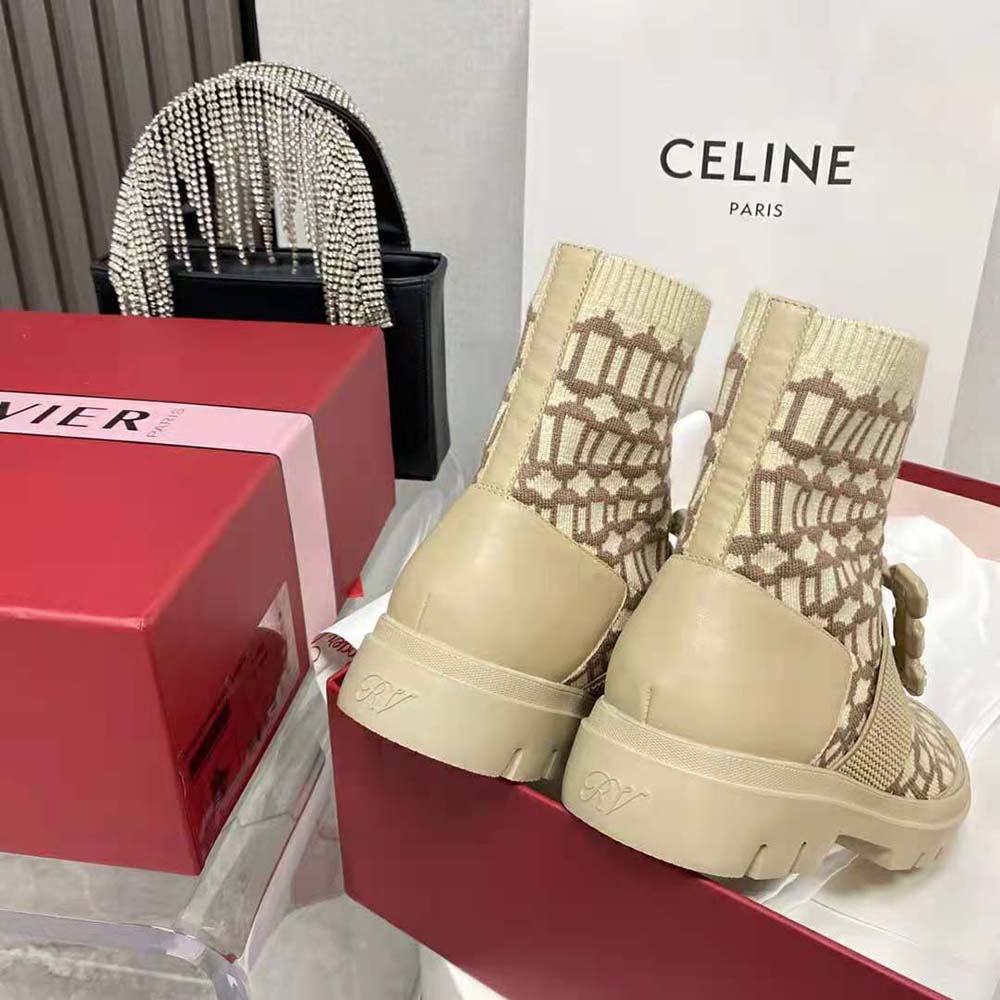 Roger Vivier Women Walky Viv’ Rhinestone Buckle Socks Ankle Boots in Fabric-Beige - image 8