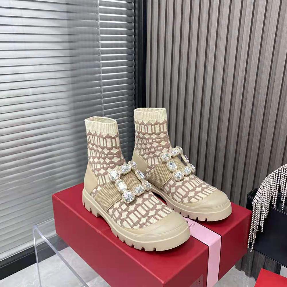 Top-down angle showing fabric texture on Roger Vivier Walky Viv’ beige boots