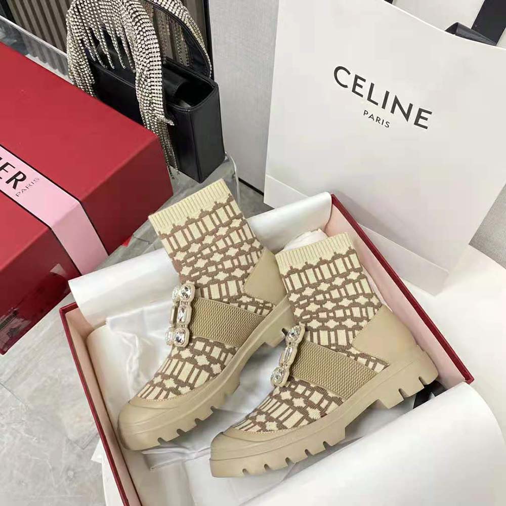 Roger Vivier Women Walky Viv’ Rhinestone Buckle Socks Ankle Boots in Fabric-Beige - image 7