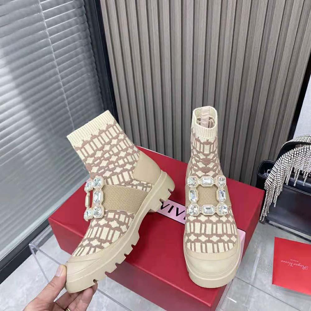 Roger Vivier Women Walky Viv’ Rhinestone Buckle Socks Ankle Boots in Fabric-Beige - image 5