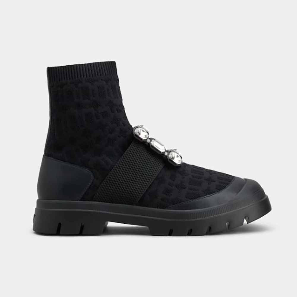 Side view of Roger Vivier Women Walky Viv’ Rhinestone Buckle Socks Ankle Boots Black