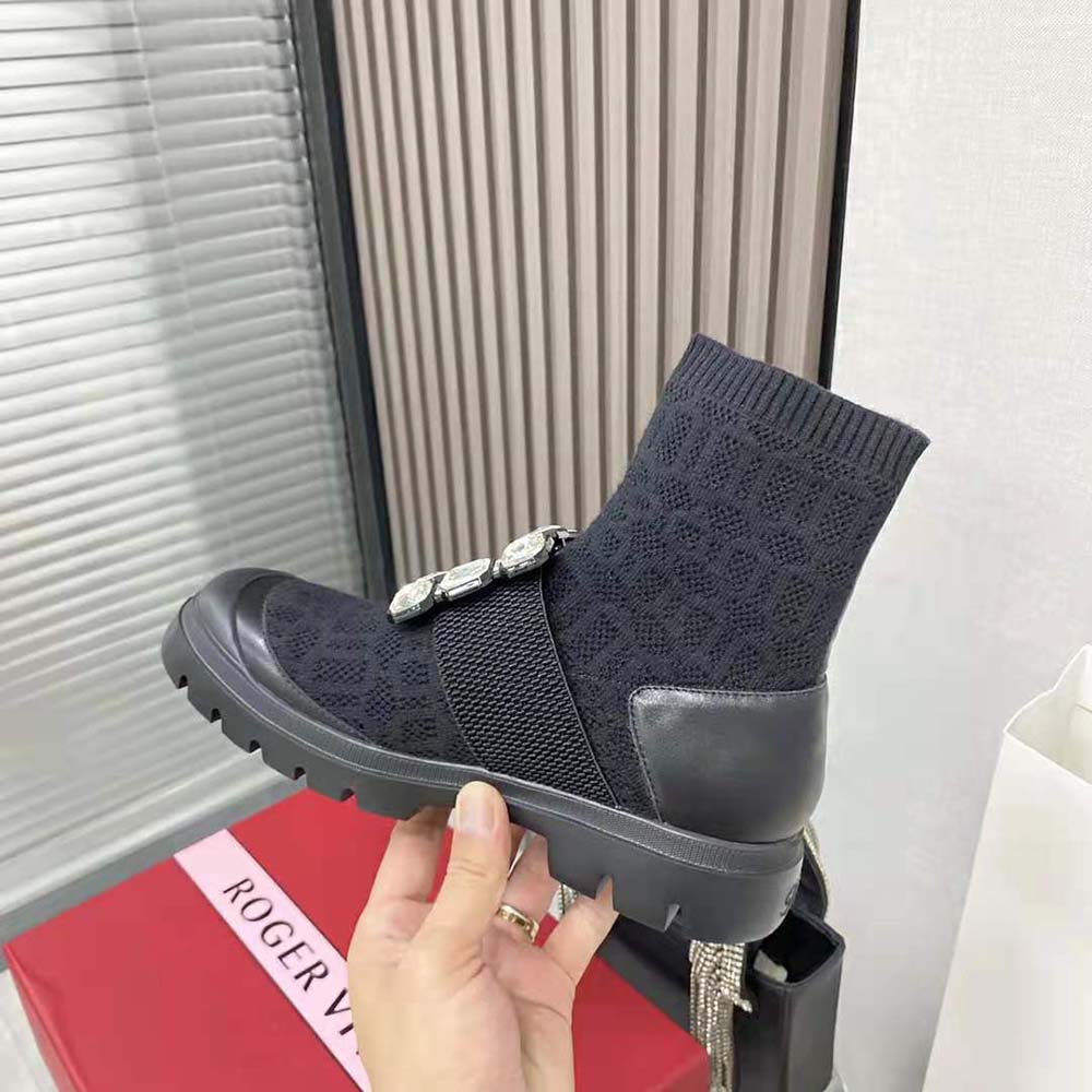 Roger Vivier Women Walky Viv’ Rhinestone Buckle Socks Ankle Boots in Fabric-Black - image 10