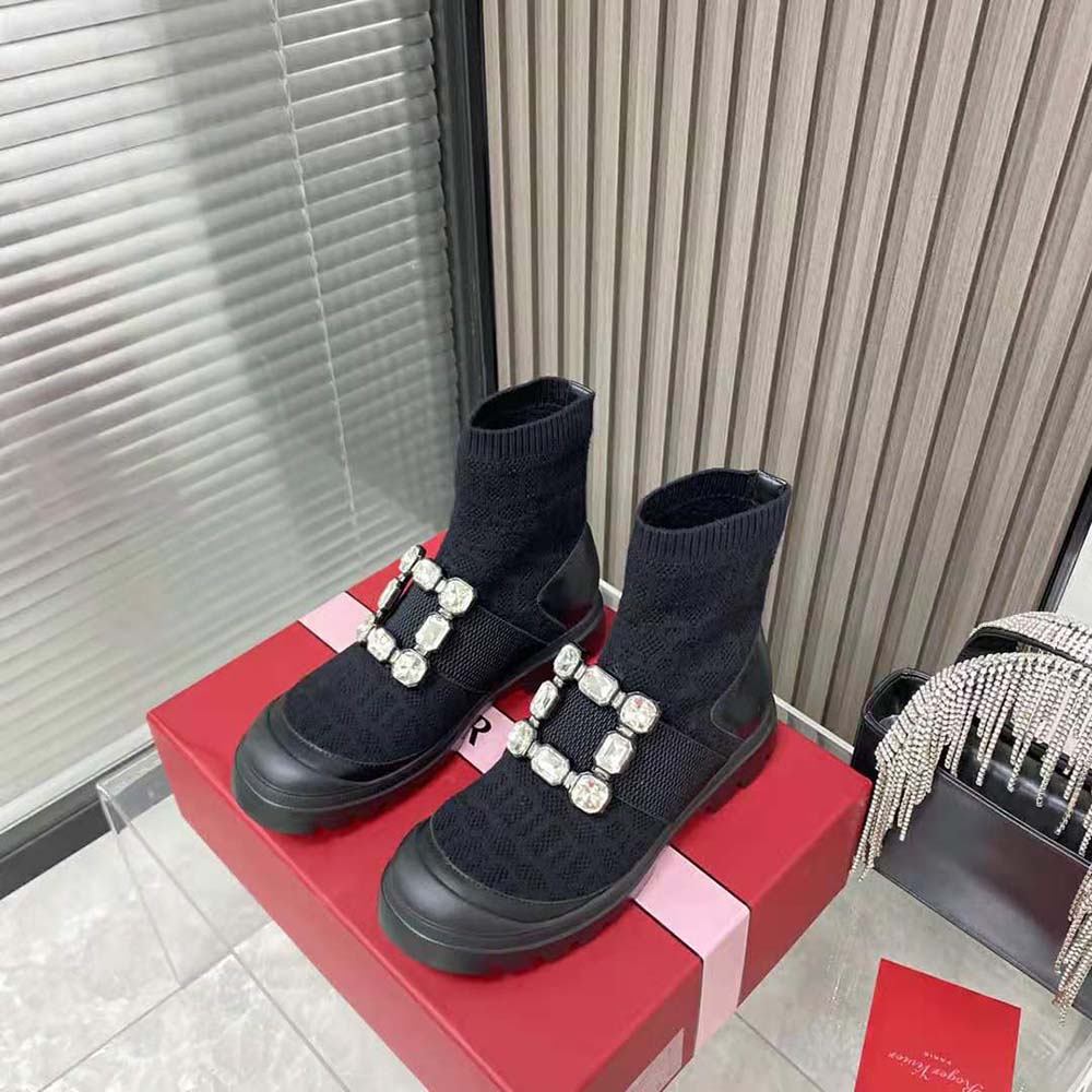Roger Vivier Women Walky Viv’ Rhinestone Buckle Socks Ankle Boots in Fabric-Black - image 4